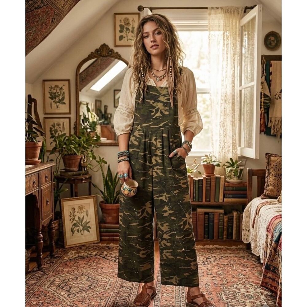 Blue Velvet Camo Wide Leg Overall Jumpsuit Green Paint Splatter Size L